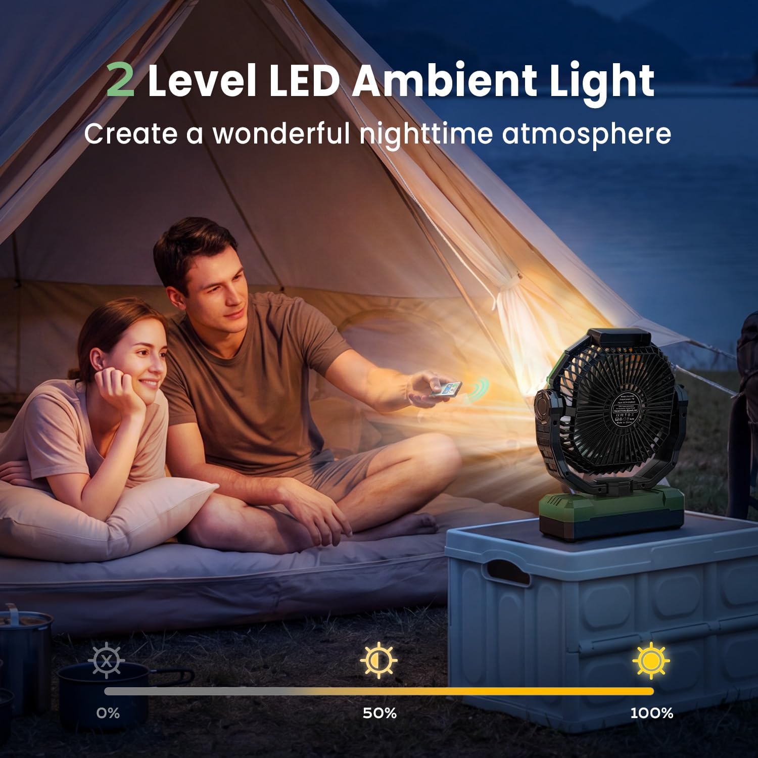 FRIZCOL fan inside a tent with LED on providing soft light and cooling for campers