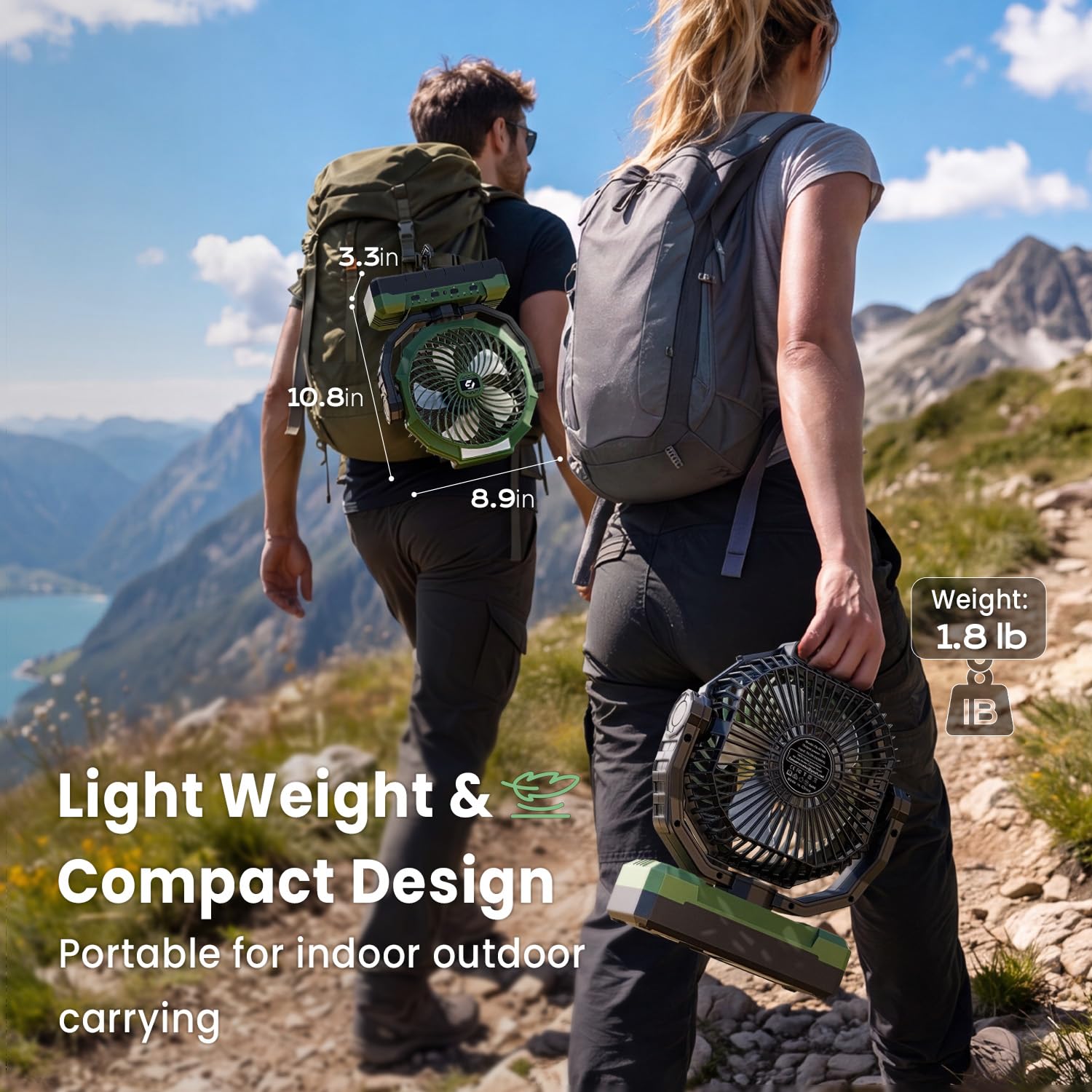 FRIZCOL fan next to water bottle for scale illustrating compact travel-ready size