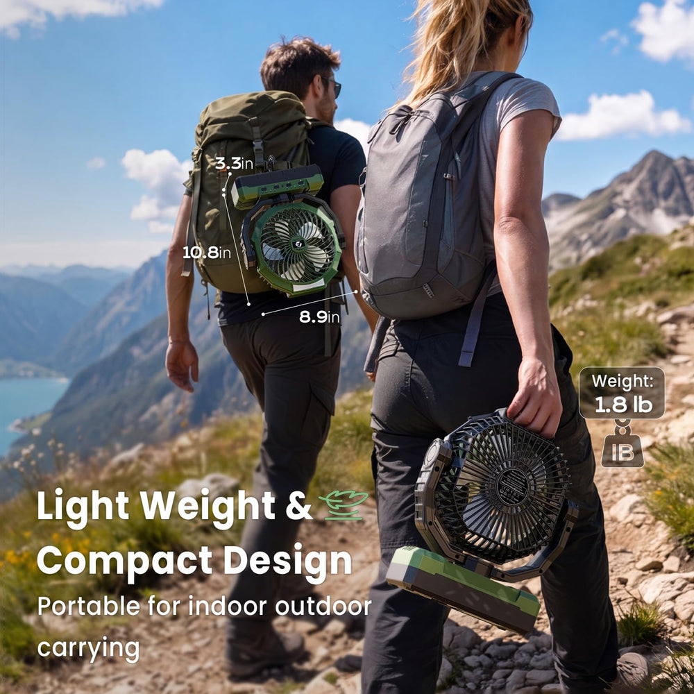 FRIZCOL fan next to water bottle for scale illustrating compact travel-ready size