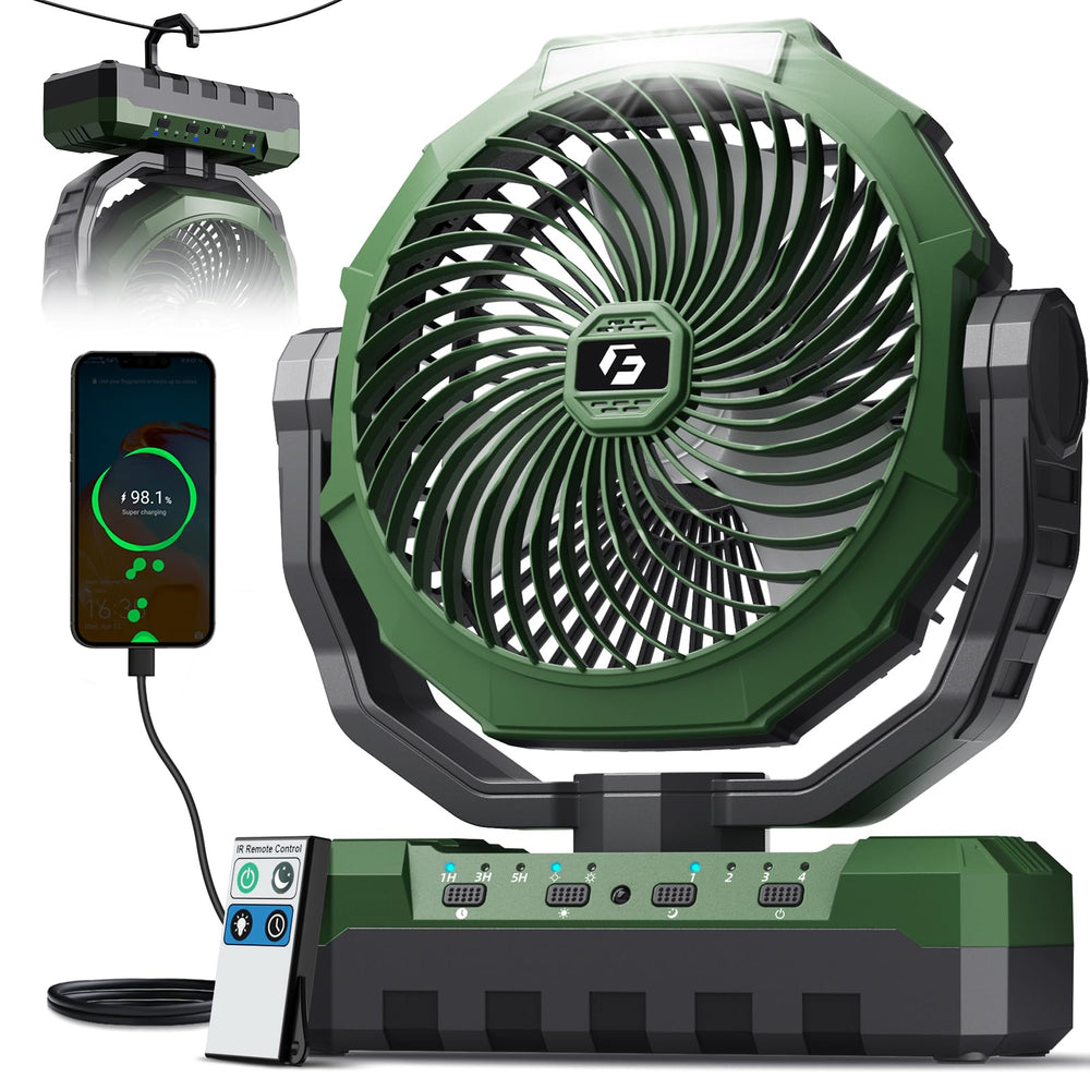 FRIZCOL front view of green 3-in-1 fan showing controls and LED light, great portability