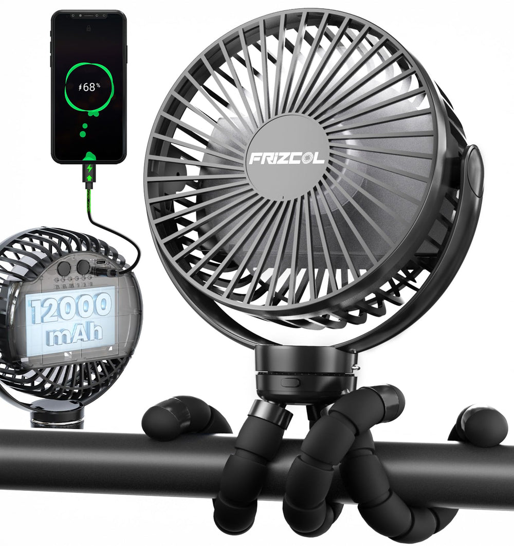 FRIZCOL front view clip-on fan showing secure stroller attachment and cooling benefit