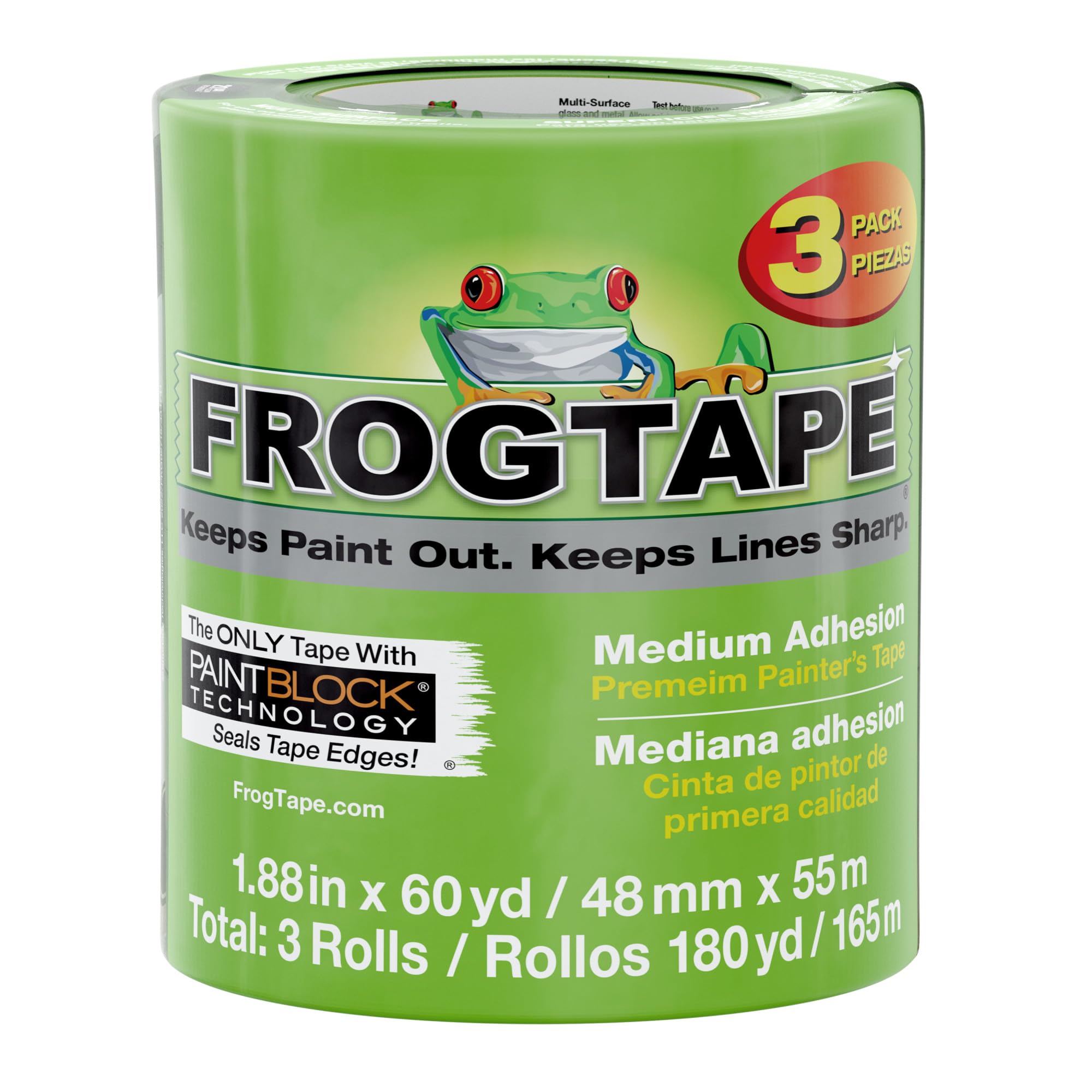 FrogTape front packaging showing 3 rolls and product benefits for clear identification