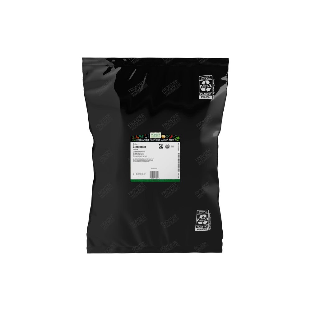 Frontier Co-op front bag showing 16 oz bulk cinnamon and Fair Trade badge