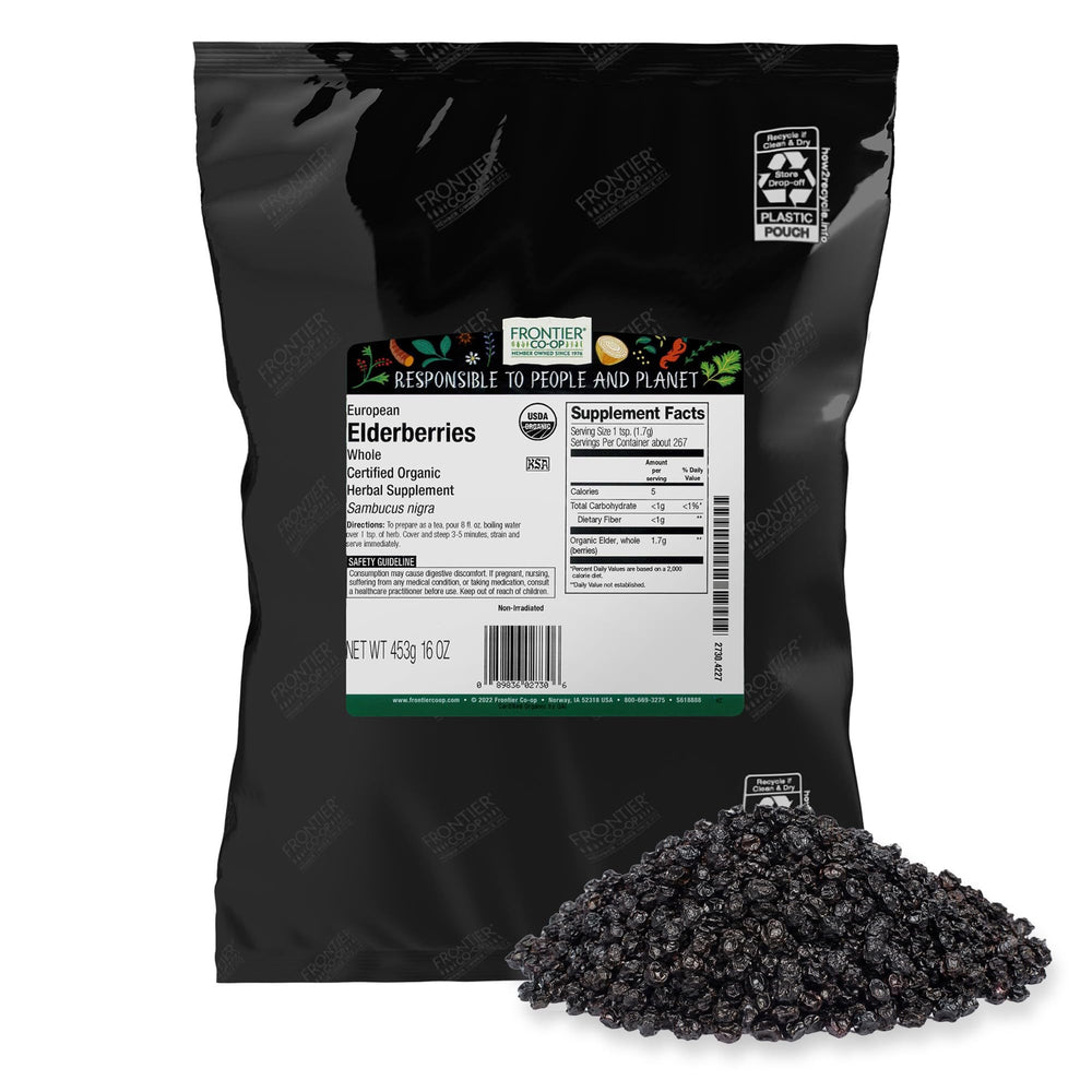 Frontier Co-op front packaging showing 16 oz elderberries and clear pouch benefit pantry-ready storage