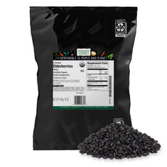 Frontier Co-op front packaging showing 16 oz elderberries and clear pouch benefit pantry-ready storage