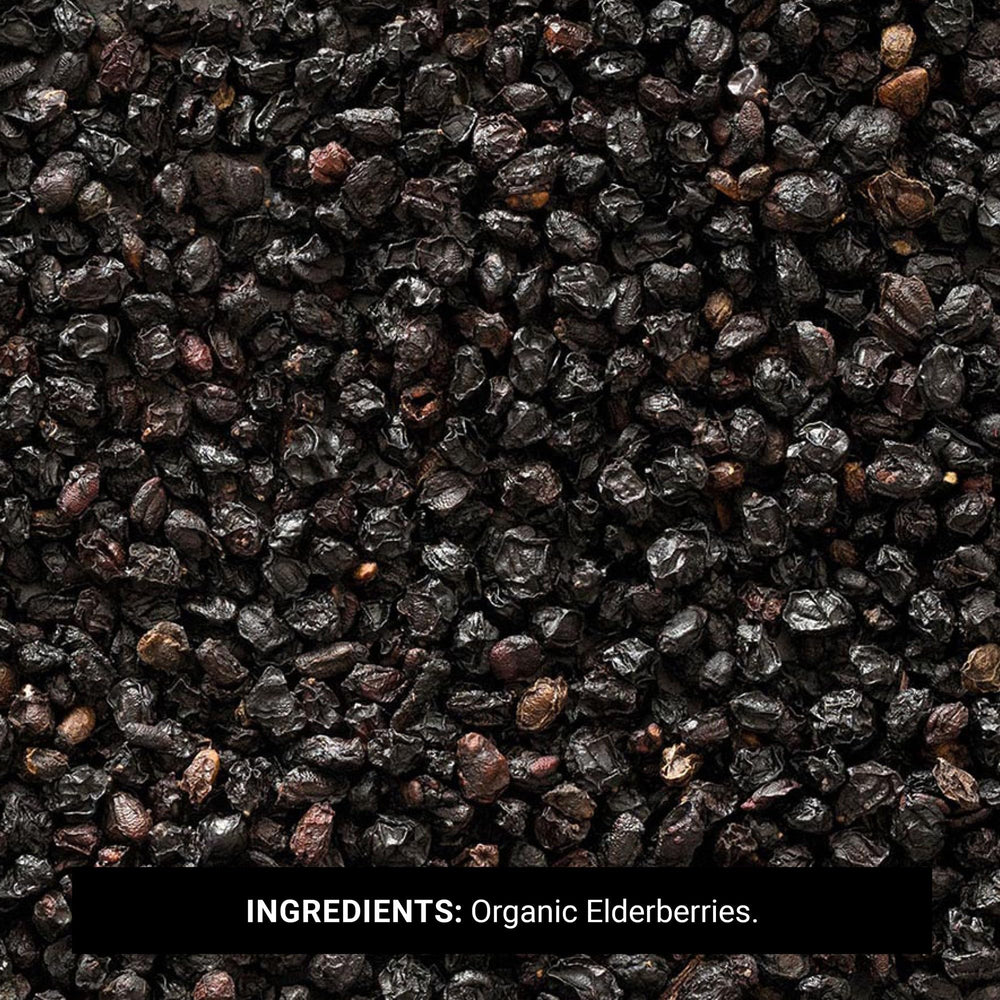Frontier Co-op texture detail of individual elderberries highlighting whole dried fruit quality