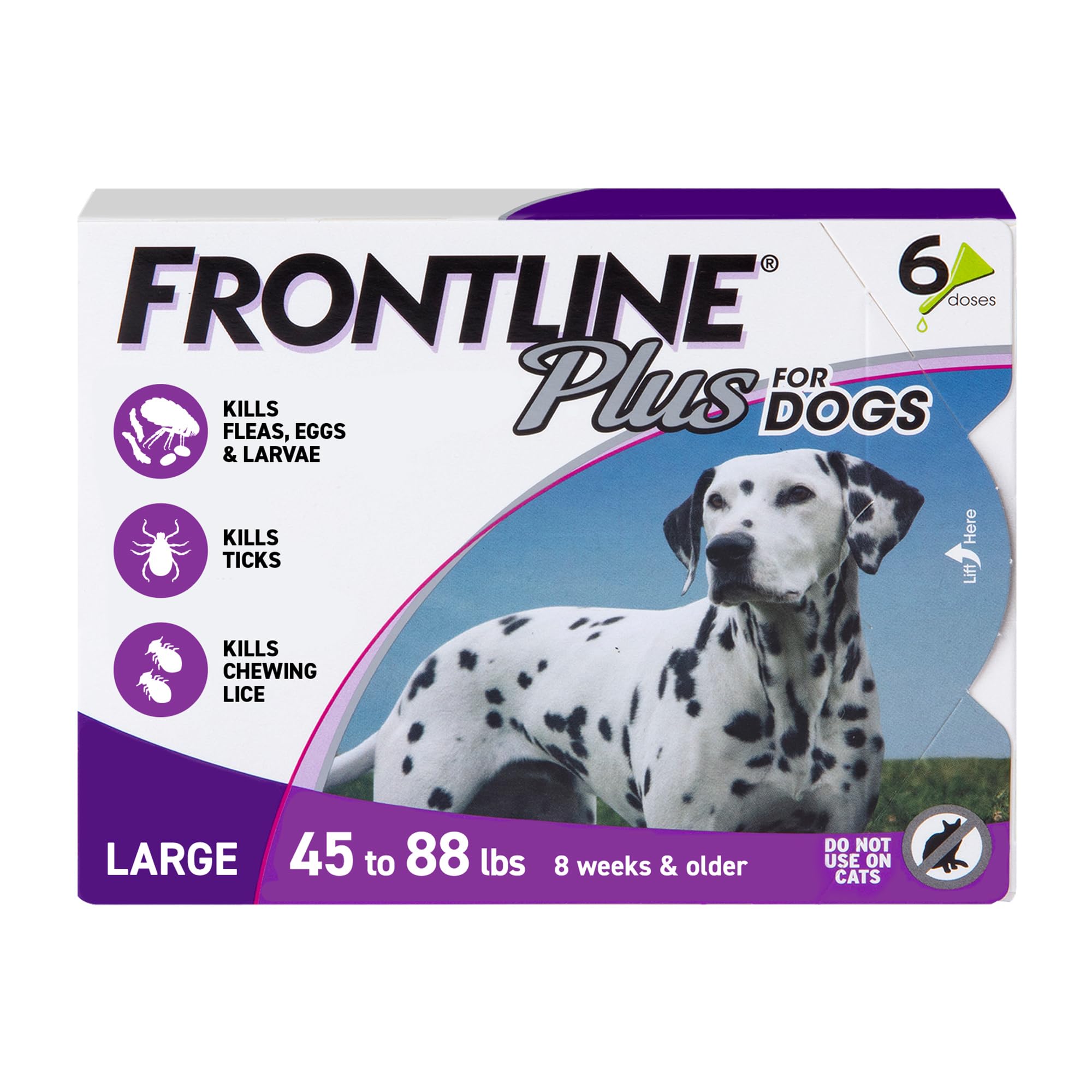 Frontline Plus box front view showing large-dog six-dose pack benefit