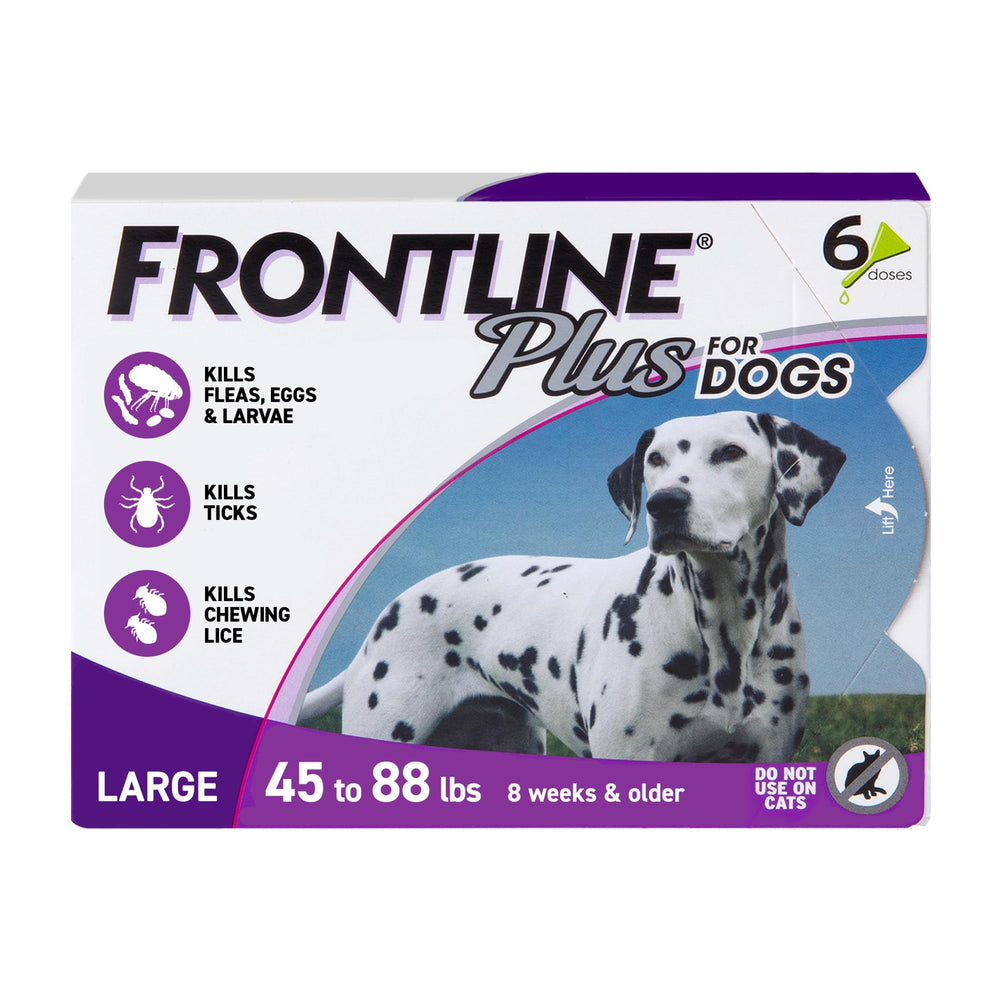 Frontline Plus box front view showing large-dog six-dose pack benefit