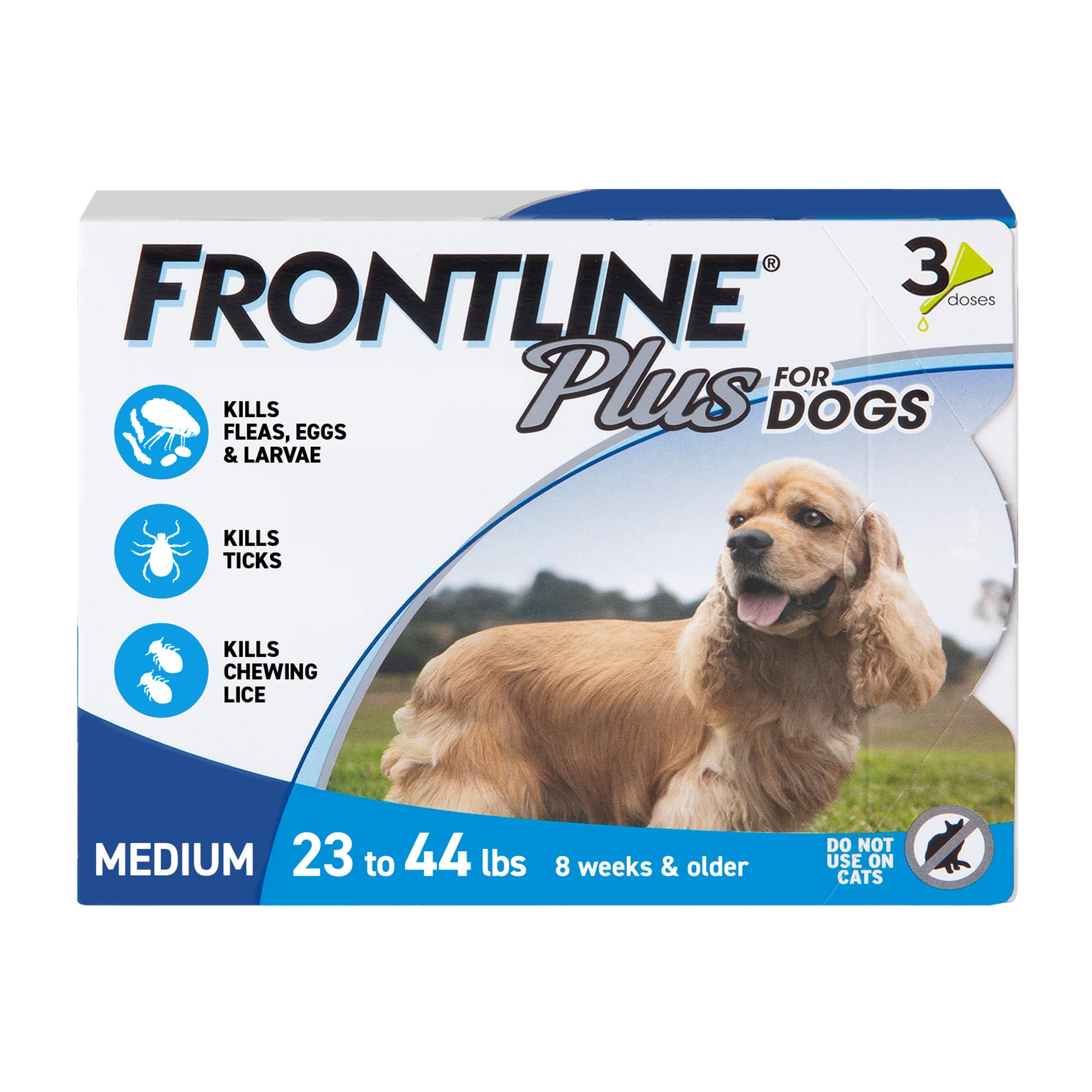 Frontline plus front packaging showing product for medium dogs and easy identification