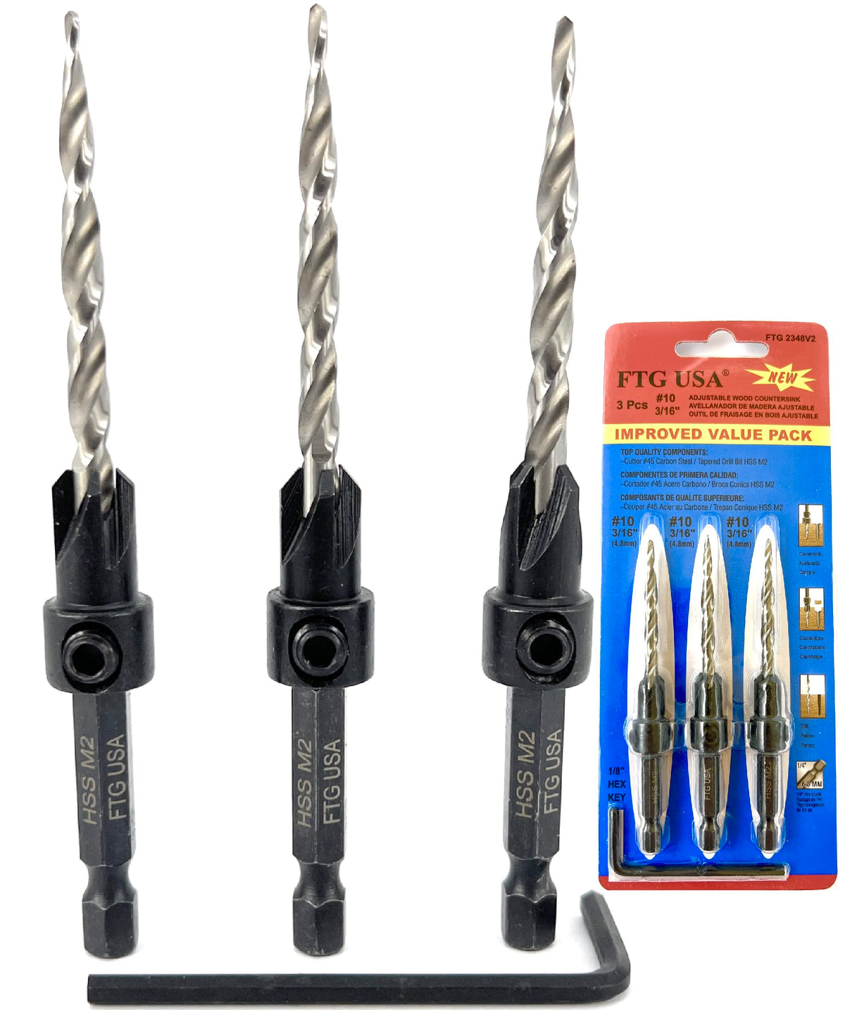 FTG USA front packaging showing the 3-piece countersink set and included hex key for convenience