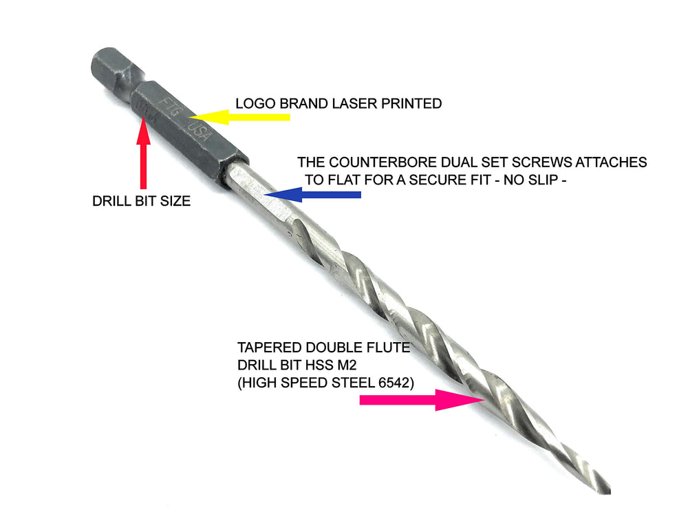 FTG USA bits beside ruler showing 3/16 inch sizing and quick visual scale for buyers