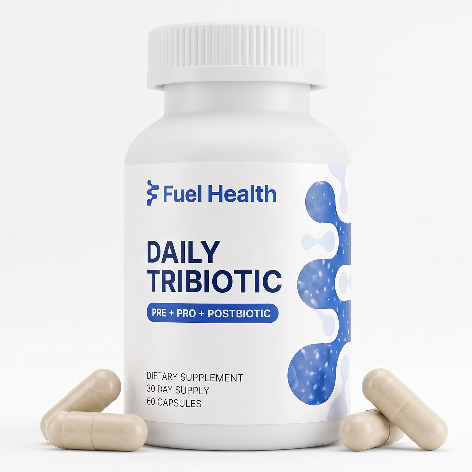 Fuel Health Daily Tribiotic front bottle showing clean label and capsule count benefits