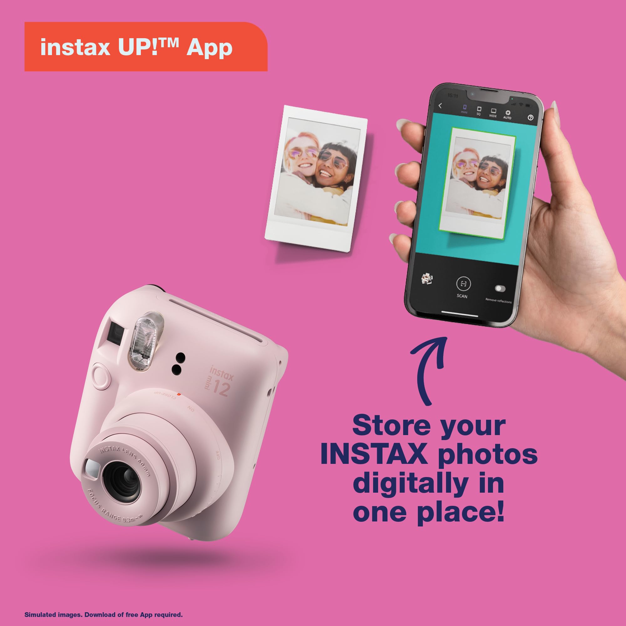 Fujifilm Instax Mini 12 ejecting instant photo demonstrating quick physical prints