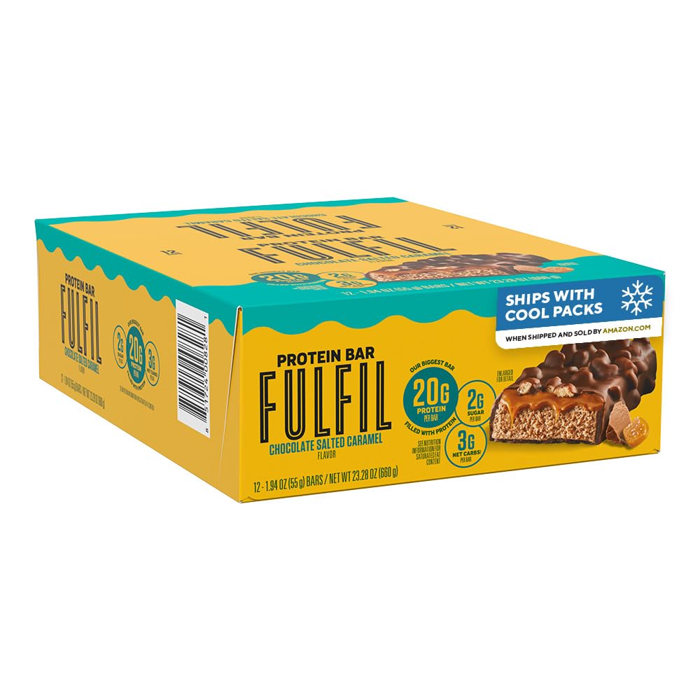 FULFIL front packaging showing chocolate salted caramel flavor and protein count benefits