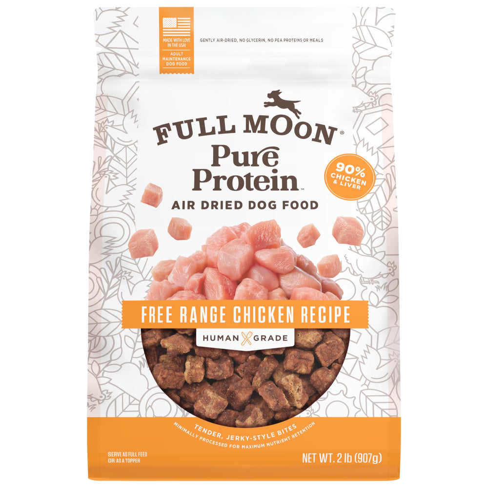 Full Moon front packaging showing 2 lb free-range chicken benefits
