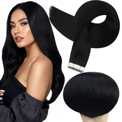 Full Shine front packaging showing jet black tape-in set and benefits