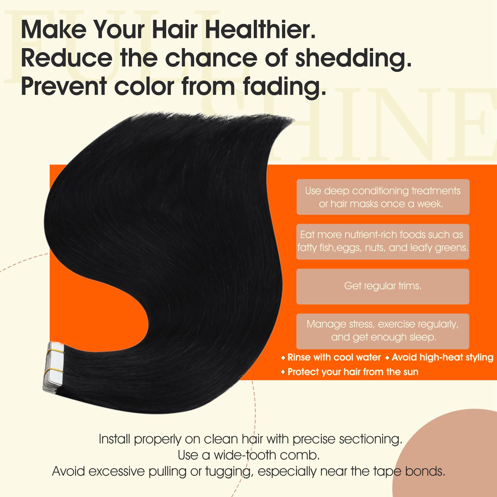 Full Shine hair texture close-up showing silky Remy shine and smoothness