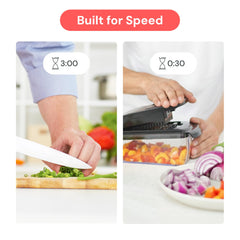 fullstar pro original filled bowl showing 5-cup capacity and less chopping time