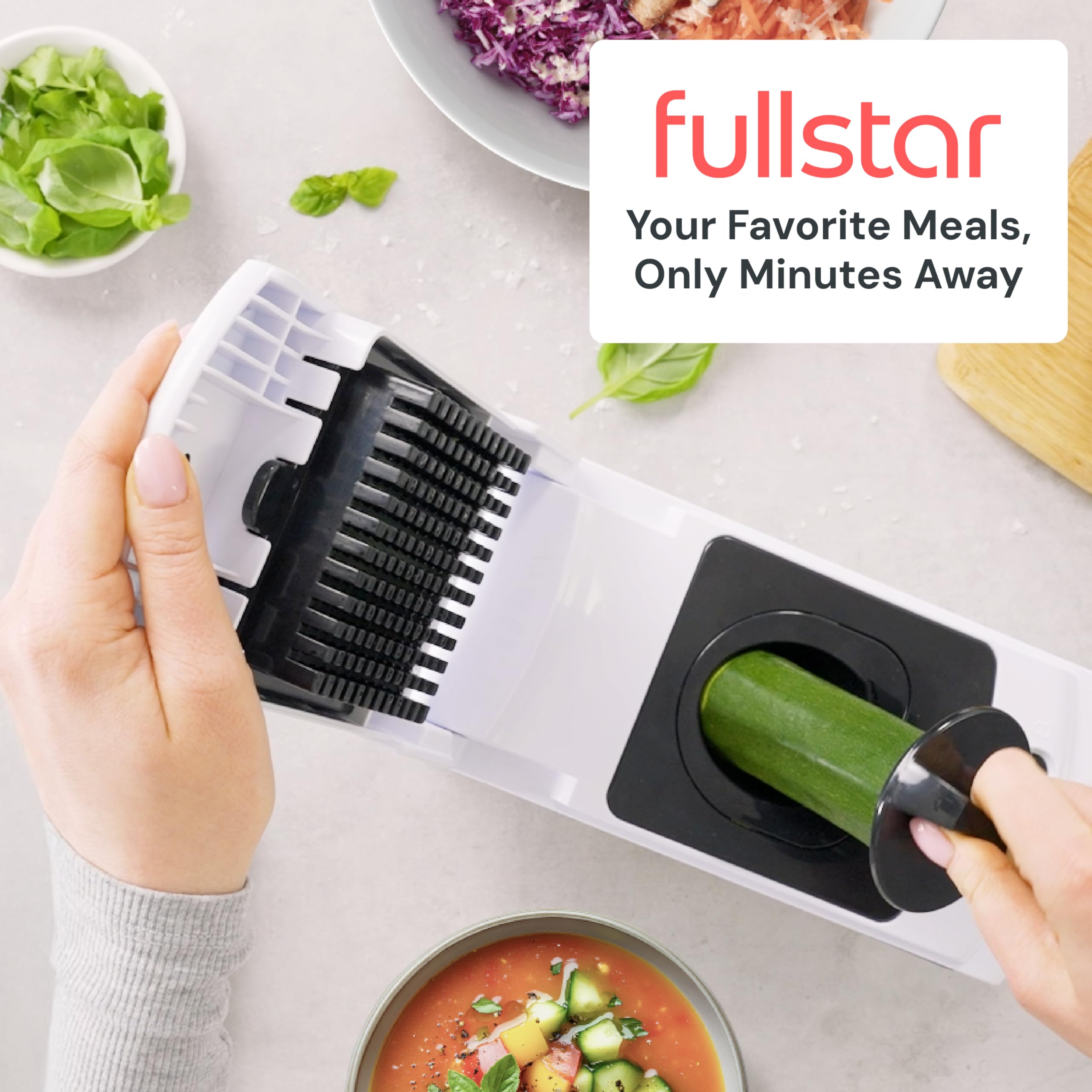 fullstar pro original kitchen lifestyle with chopped veggies showing meal prep speed