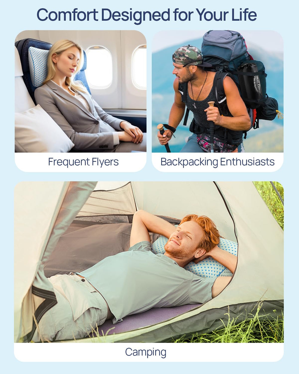 fulocean pillow on camping mat showing outdoor use and lightweight convenience