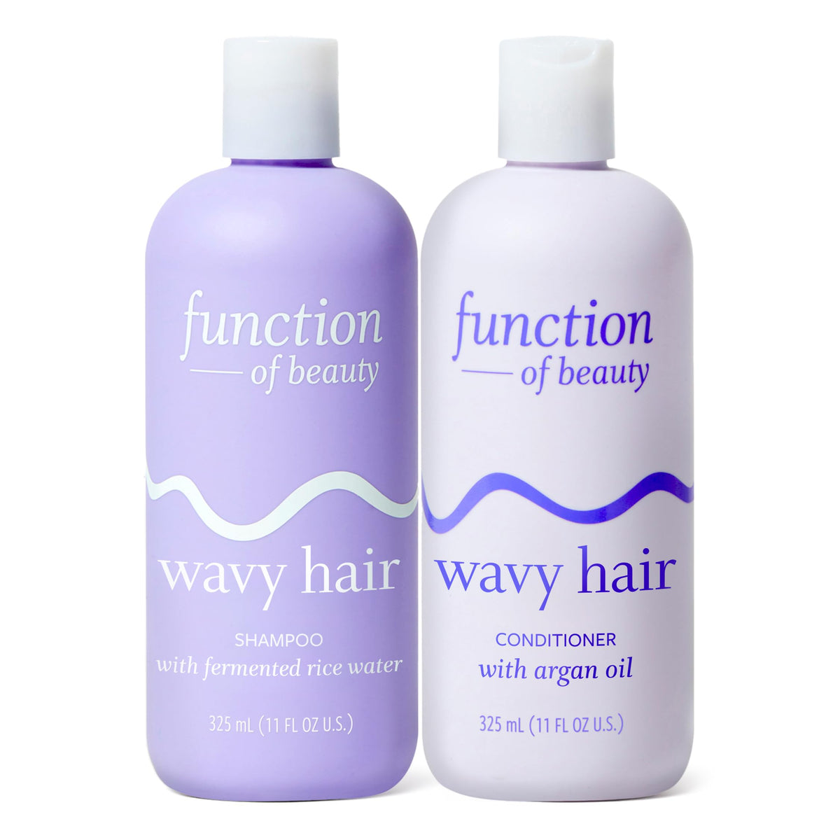 Function of Beauty front packaging of wavy shampoo and conditioner, shows cohesive set and benefits