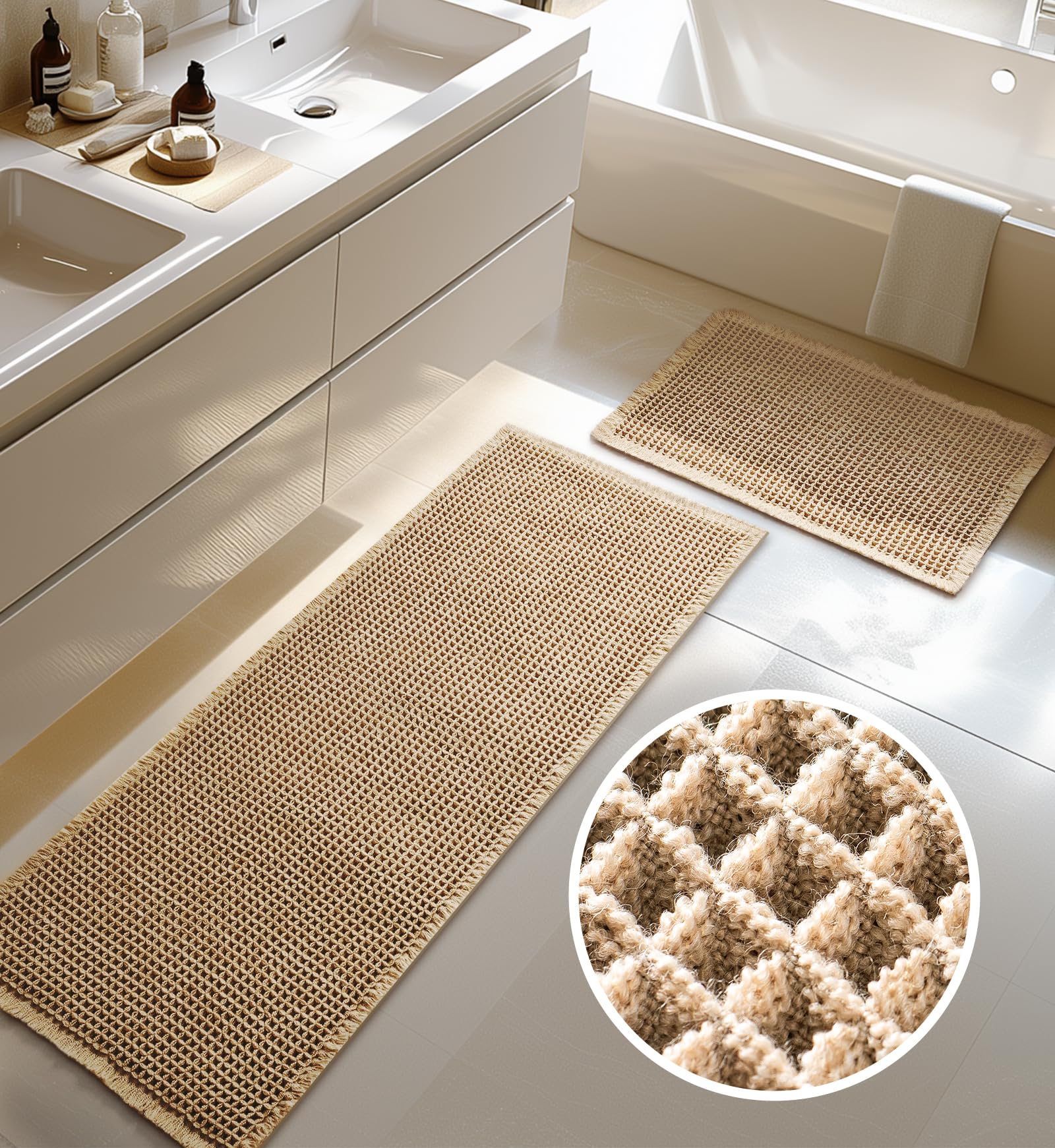Furicher front view of two brown waffle mats showing sizes and pattern benefits