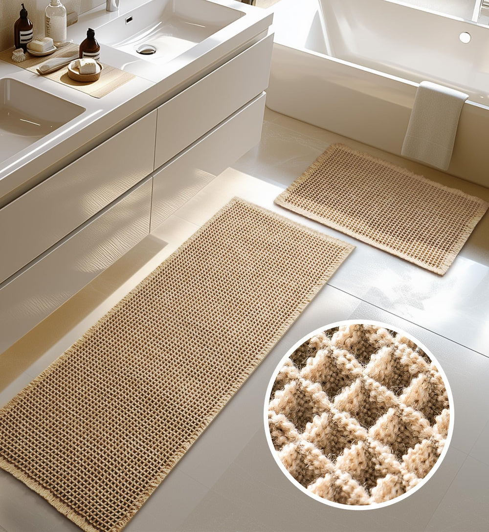 Furicher front view of two brown waffle mats showing sizes and pattern benefits