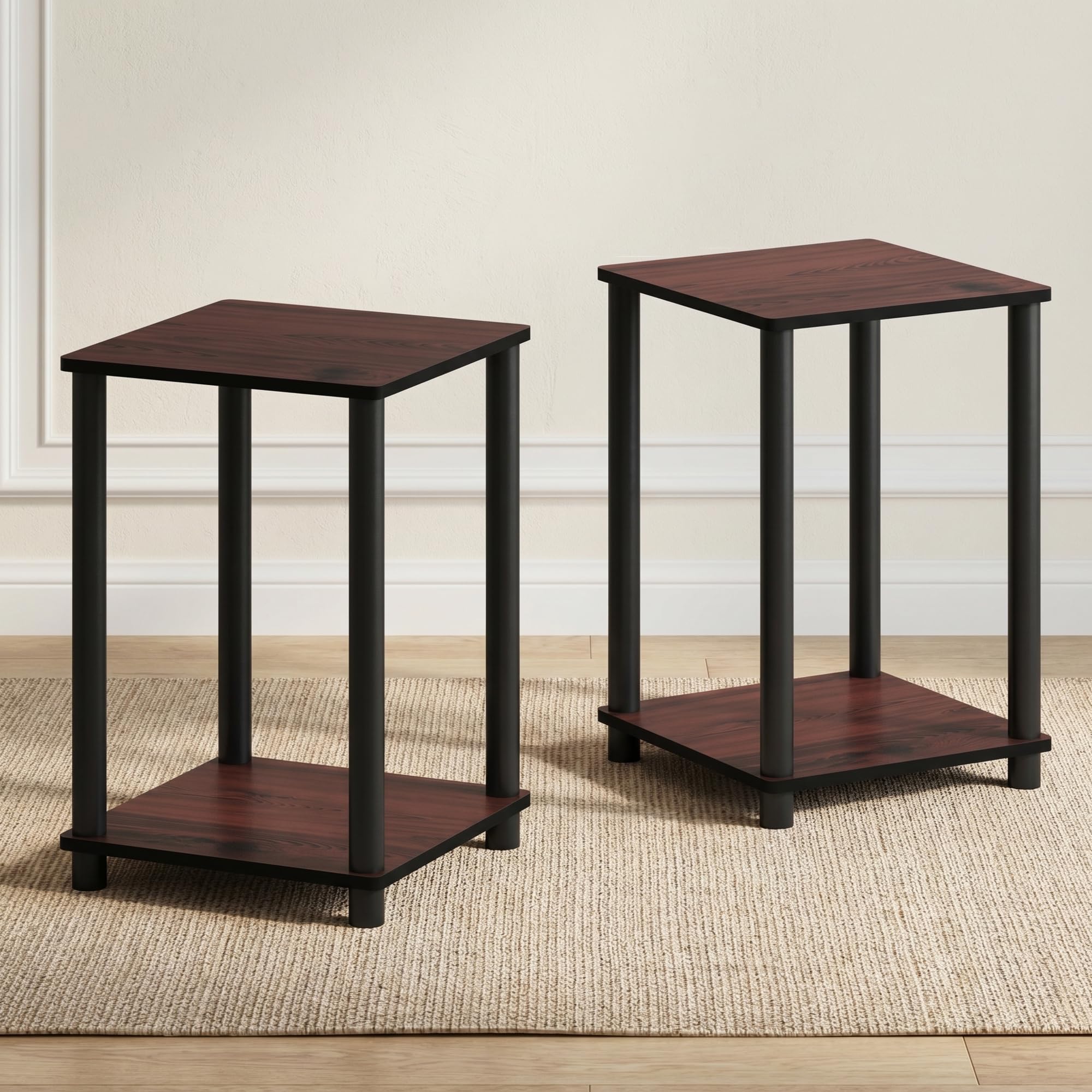 Furinno front view of both cherry oak side tables showing compact pair benefit