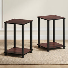 Furinno front view of both cherry oak side tables showing compact pair benefit