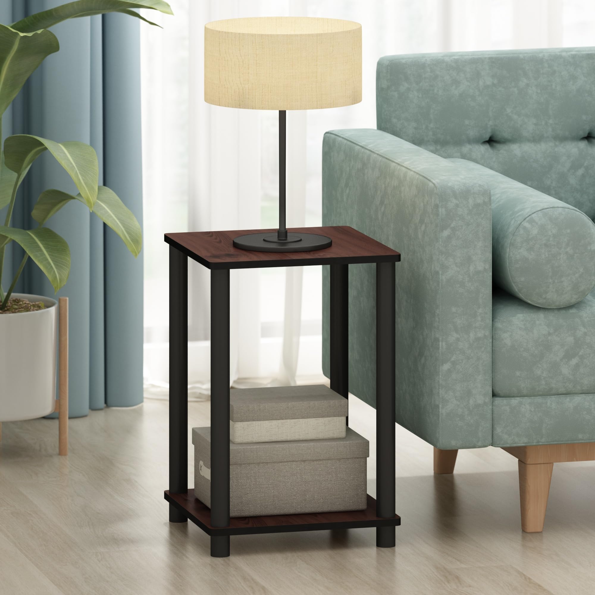 Furinno table in living room with lamp and books showing convenient everyday access