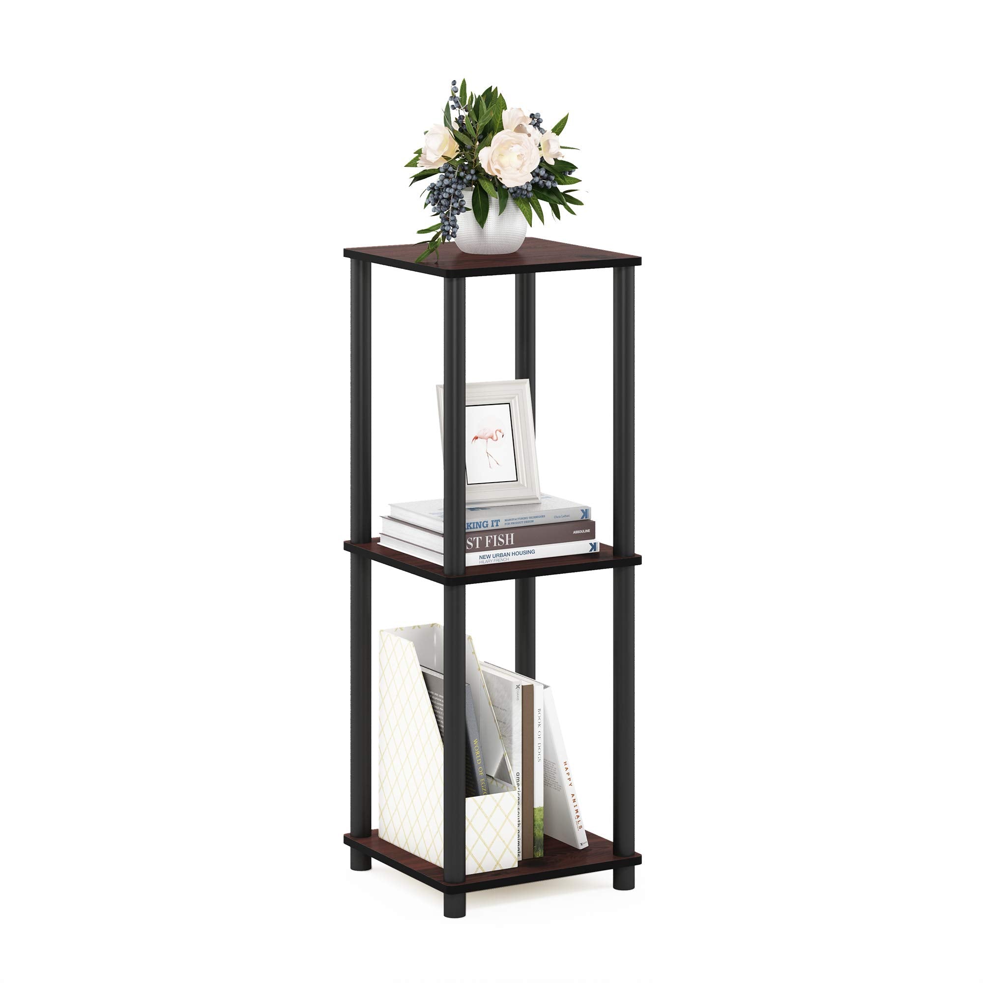 Furinno detail of lower open shelf demonstrating organized visible storage
