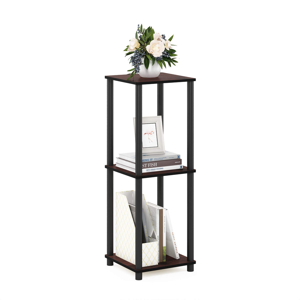 Furinno detail of lower open shelf demonstrating organized visible storage