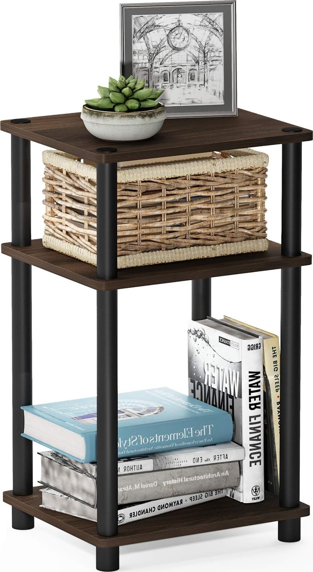 Furinno front view of Columbia Walnut side table showing compact footprint and storage