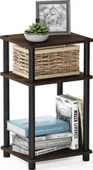 Furinno front view of Columbia Walnut side table showing compact footprint and storage