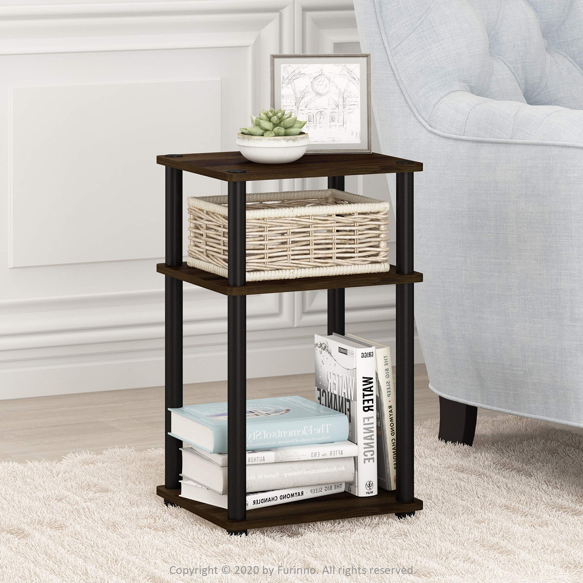 Furinno side-angle showing three open shelves for easy access and display