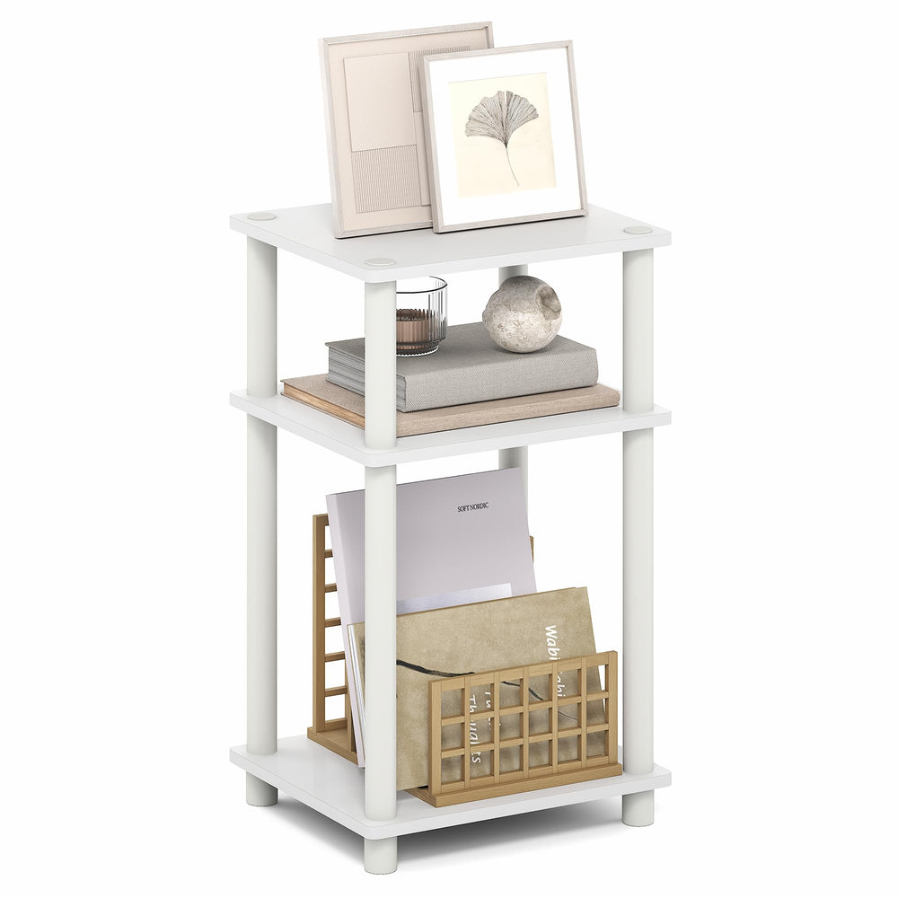 Furinno front view showing compact three-tier storage and space-saving benefit