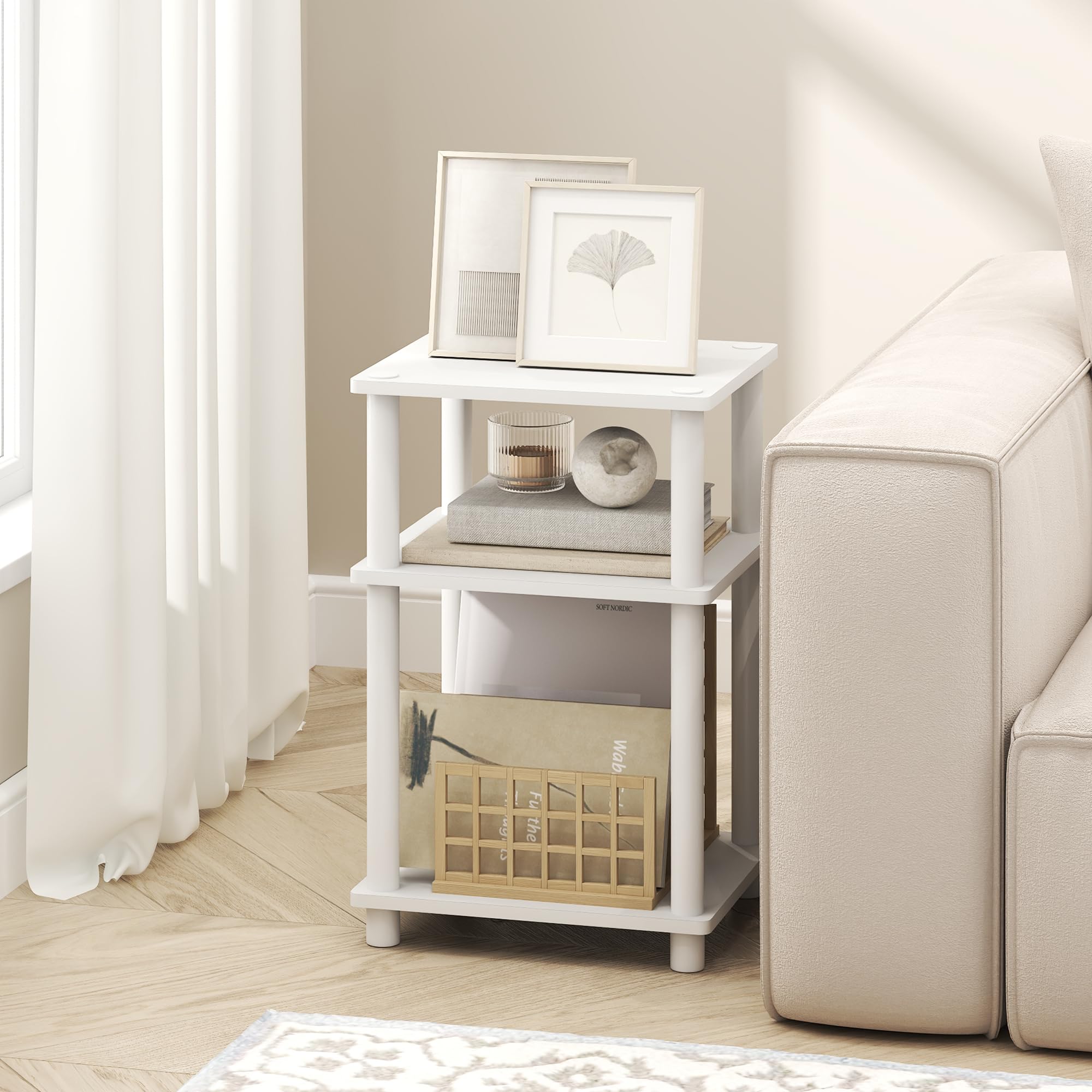 Furinno close-up of top shelf highlighting smooth finish and easy cleaning benefit
