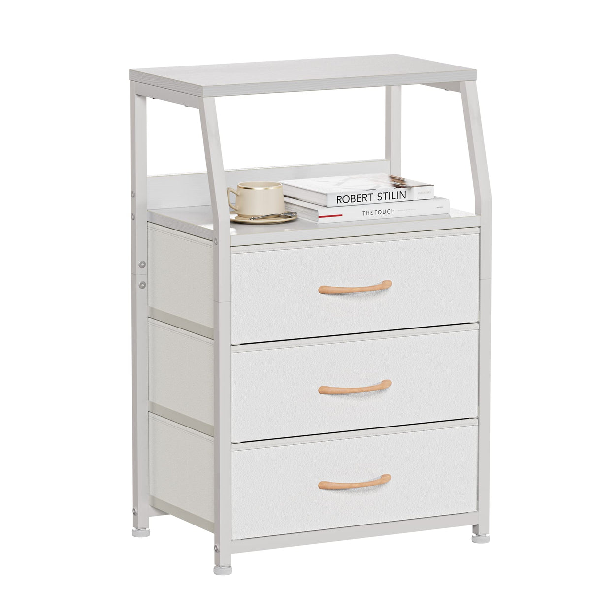 Furnulem nightstand front view showing drawers and white finish for neat storage