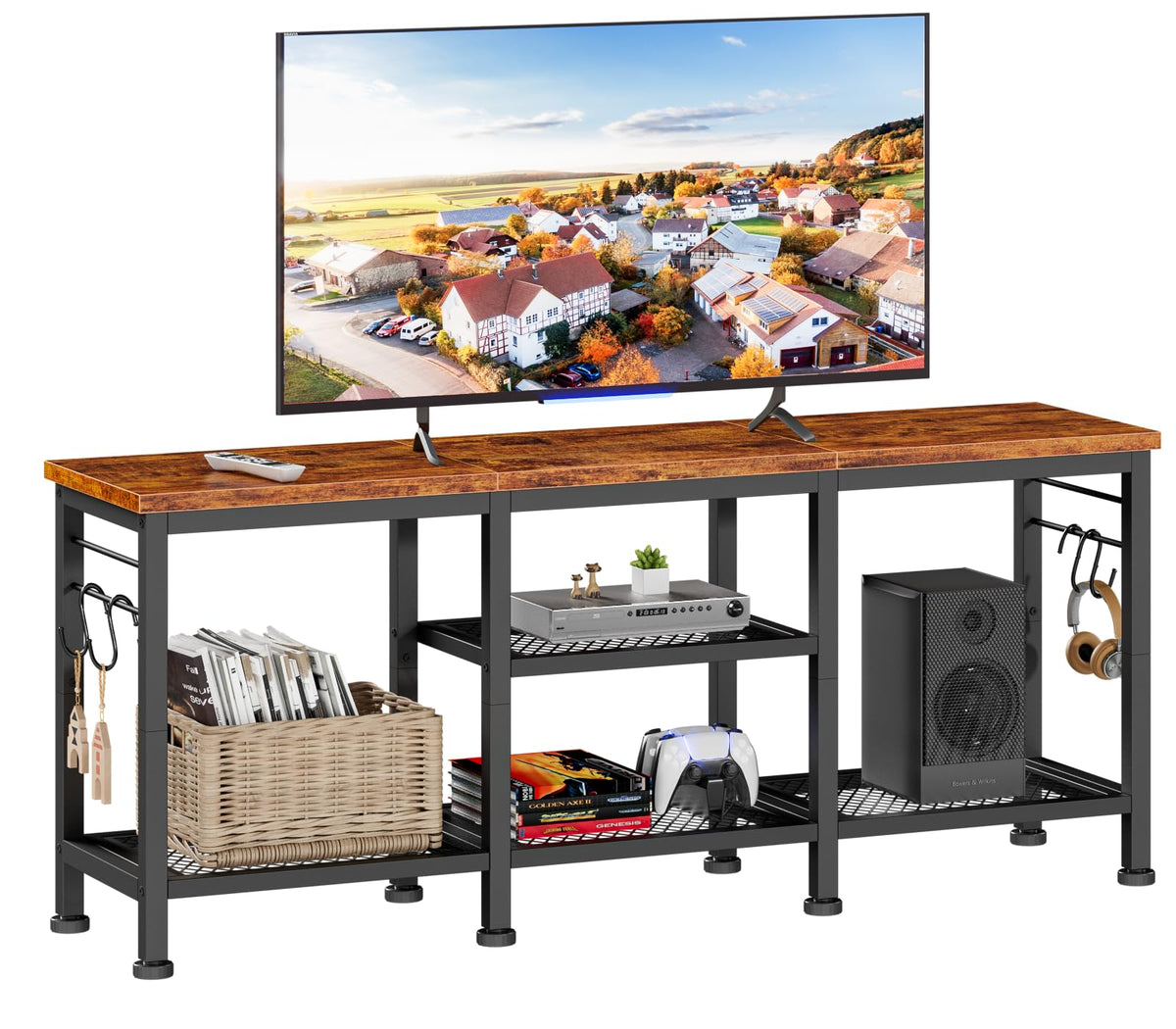 Furologee front view of entertainment console showing storage and stability