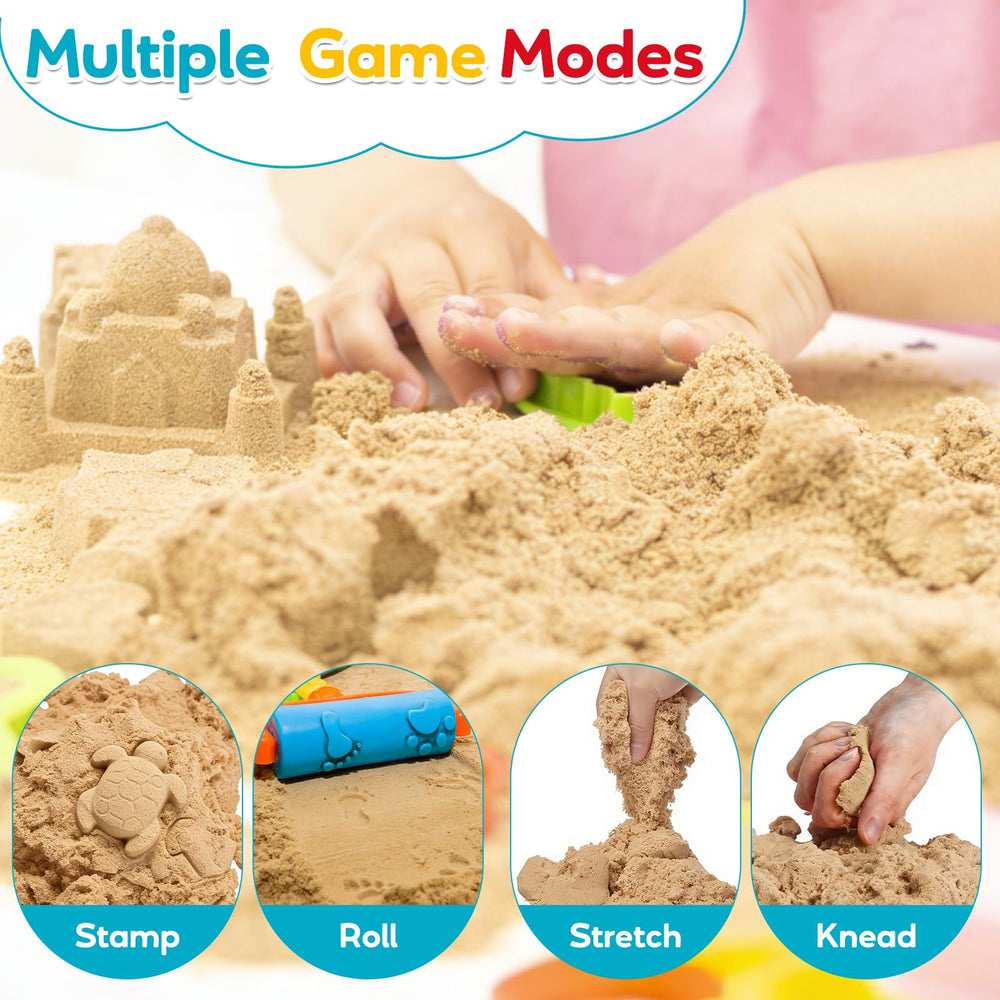 FURWEY sand in a sensory bin with tools demonstrating low-mess, reusable play
