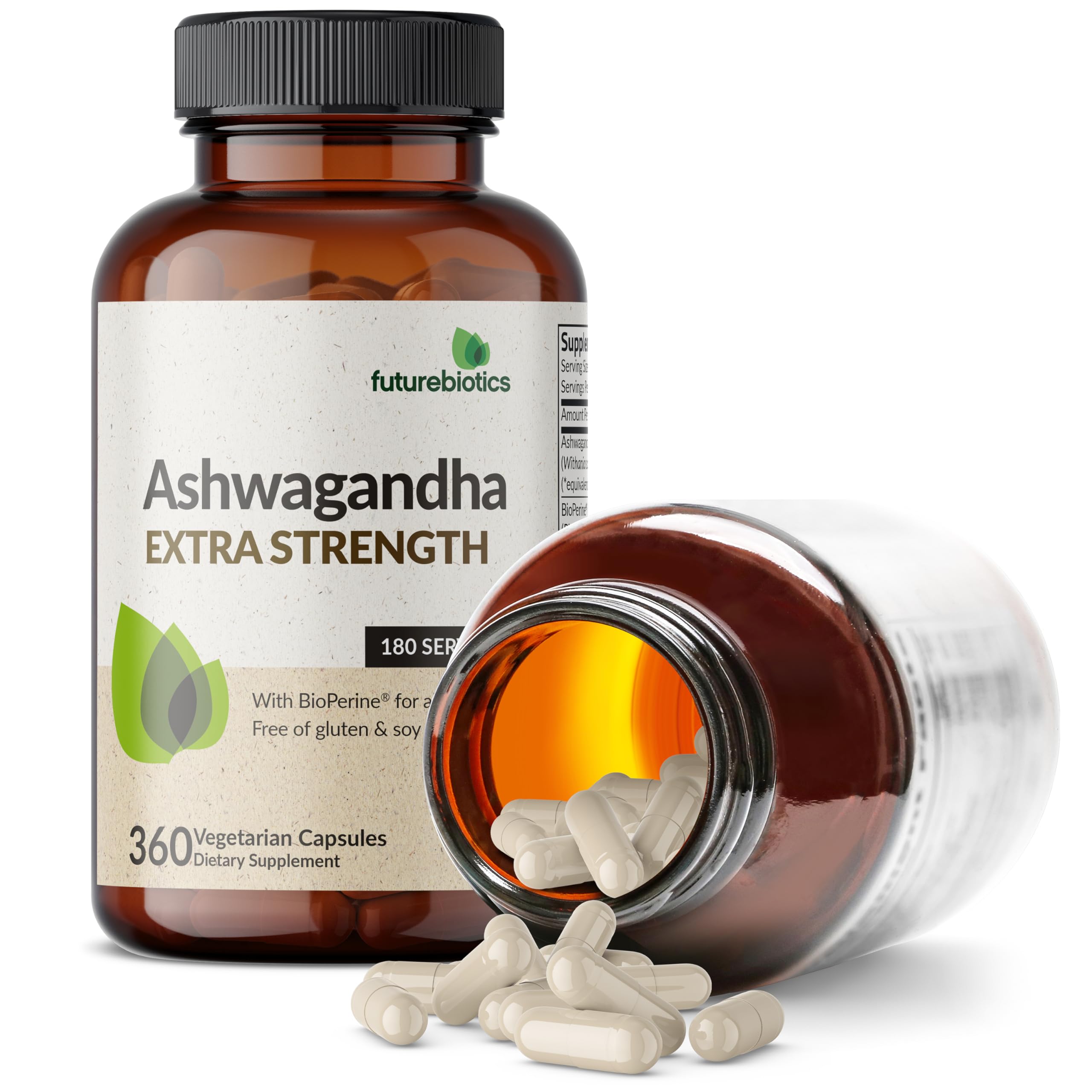 Futurebiotics open bottle with capsules spilled to show serving size and convenient dosing