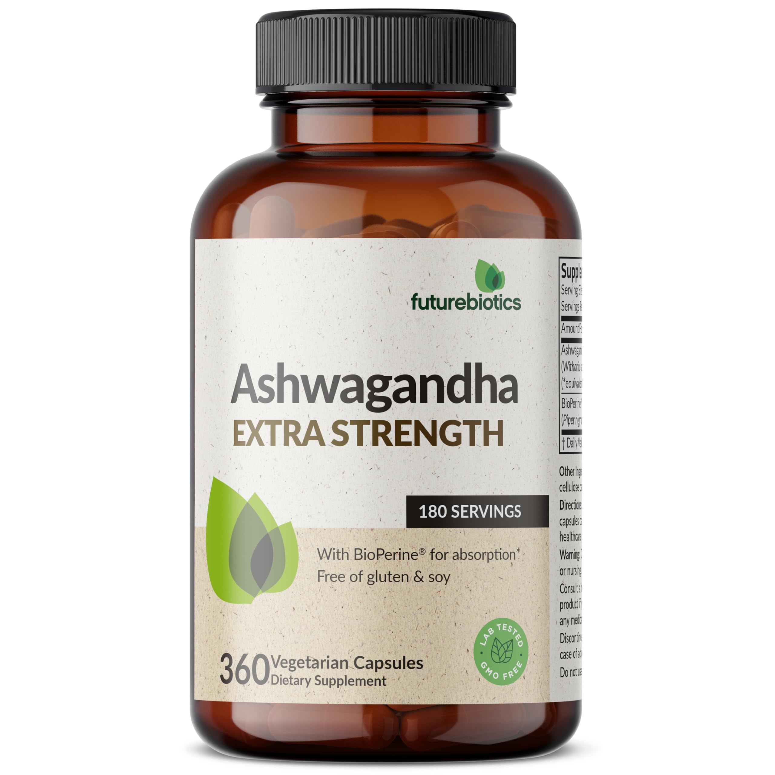 Futurebiotics ingredient label close-up showing Ashwagandha and BioPerine for transparency