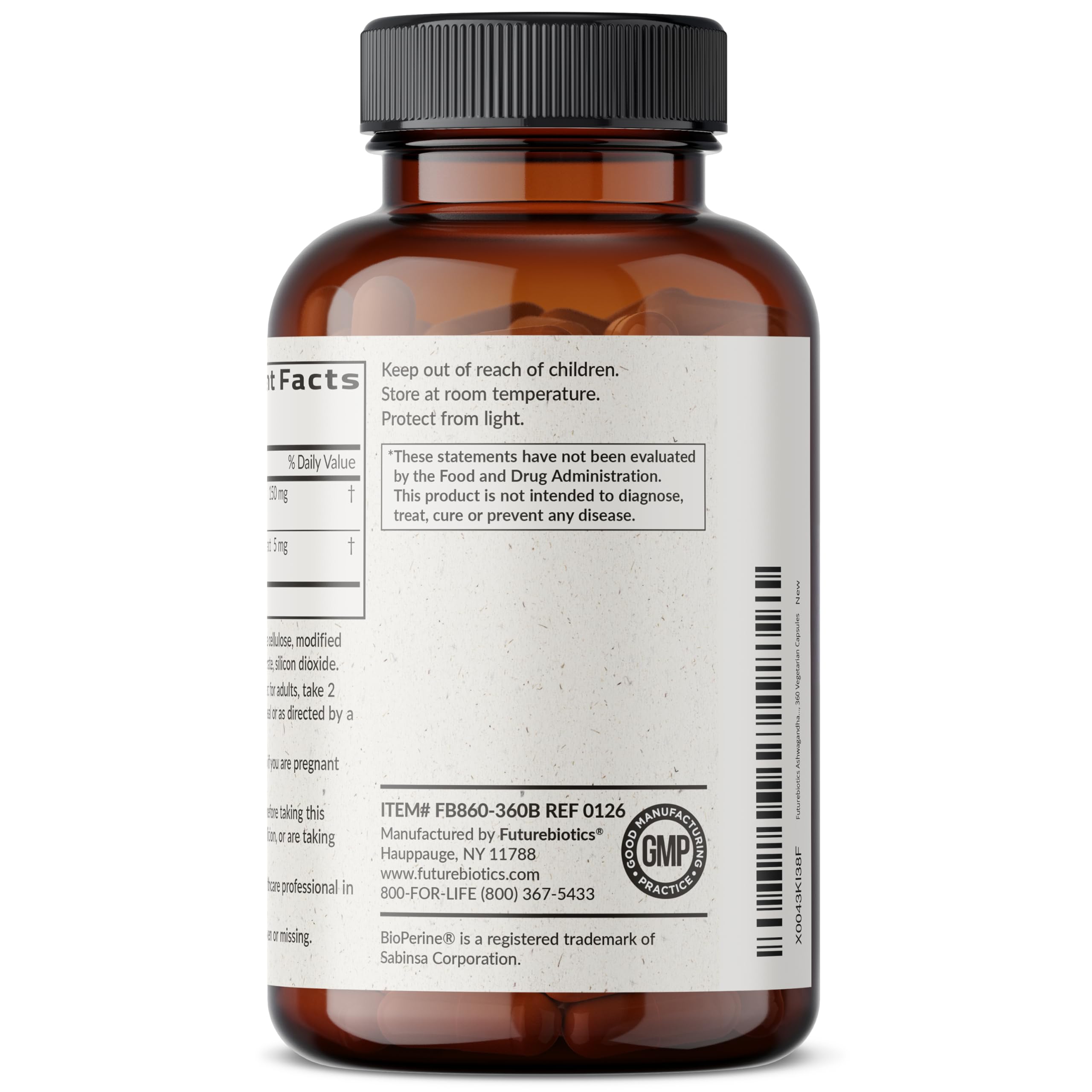 Futurebiotics Ashwagandha extract in a glass vial illustrating pure botanical sourcing