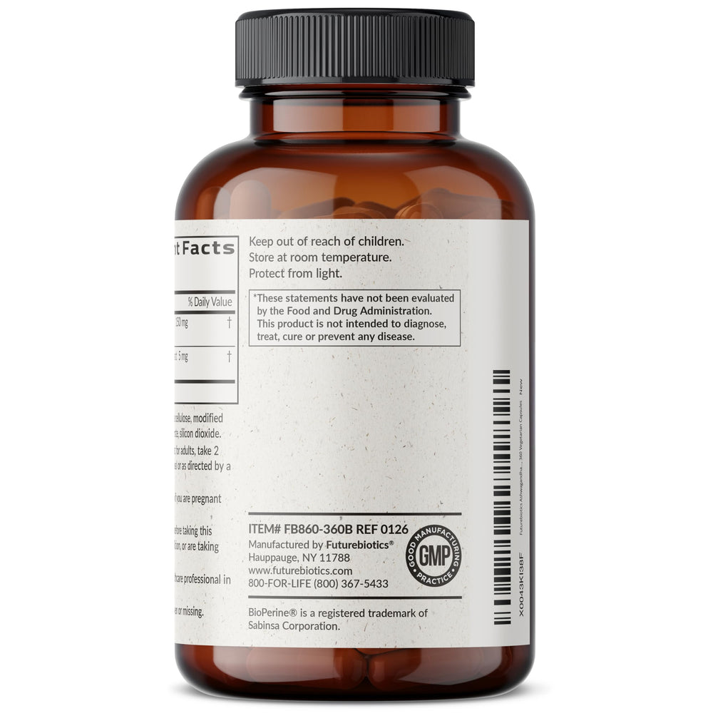 Futurebiotics Ashwagandha extract in a glass vial illustrating pure botanical sourcing