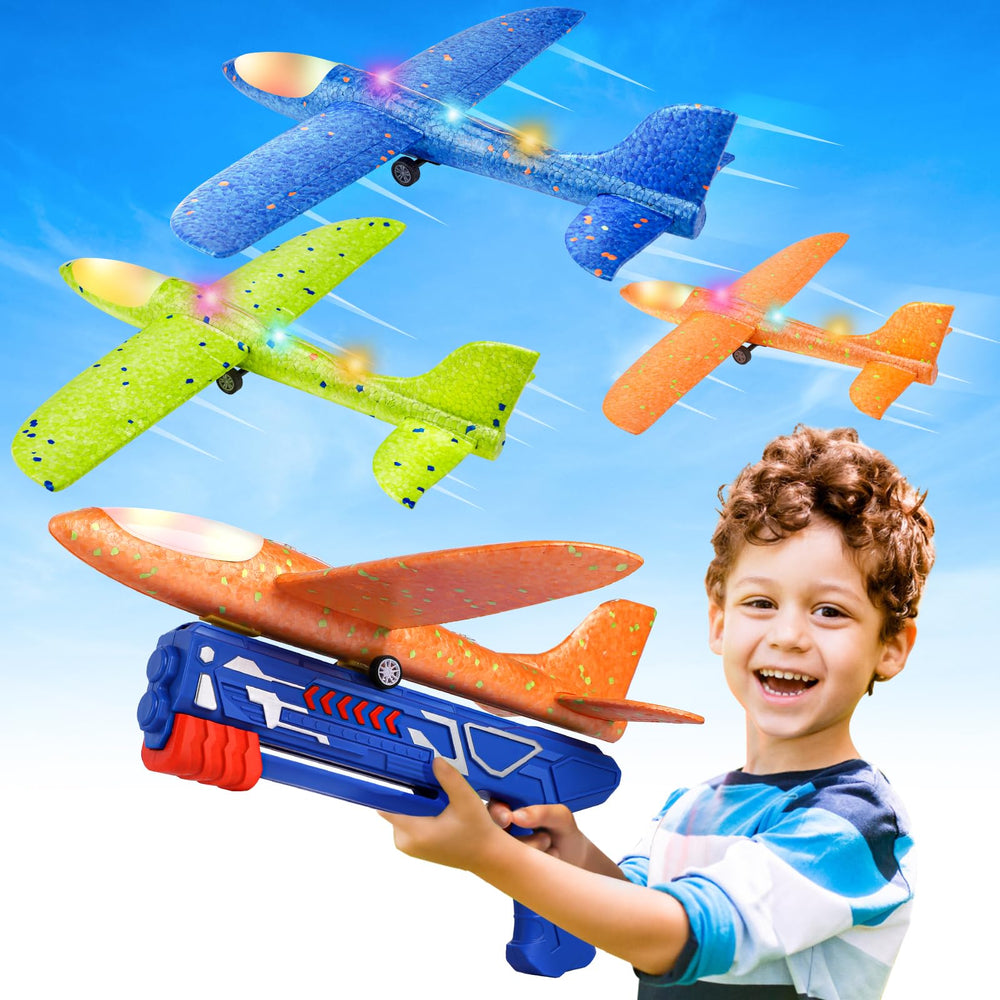 Fuwidvia front view of three gliders and launcher showing complete set and play options