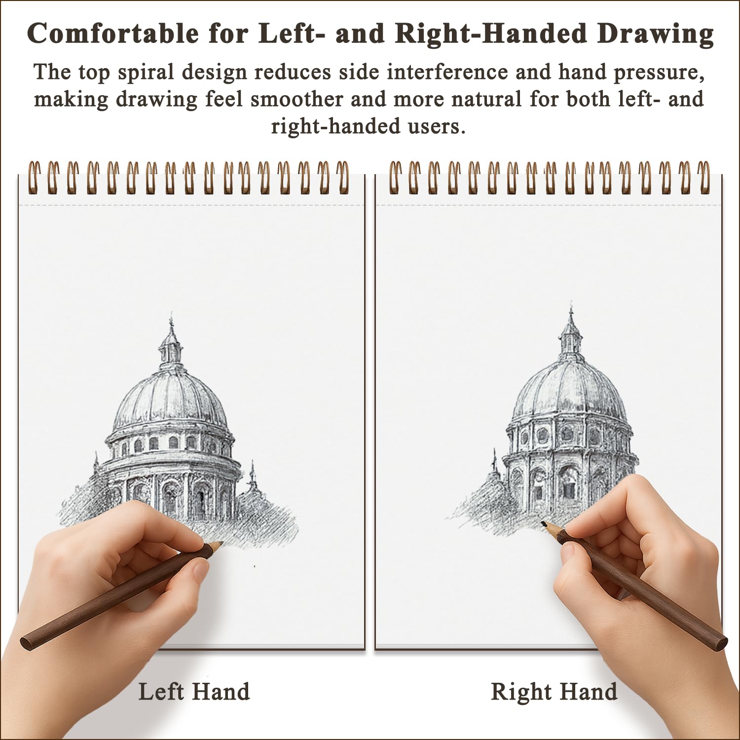 Fuxi sketchbook beside pencil showing 11x14 scale and convenient size benefit