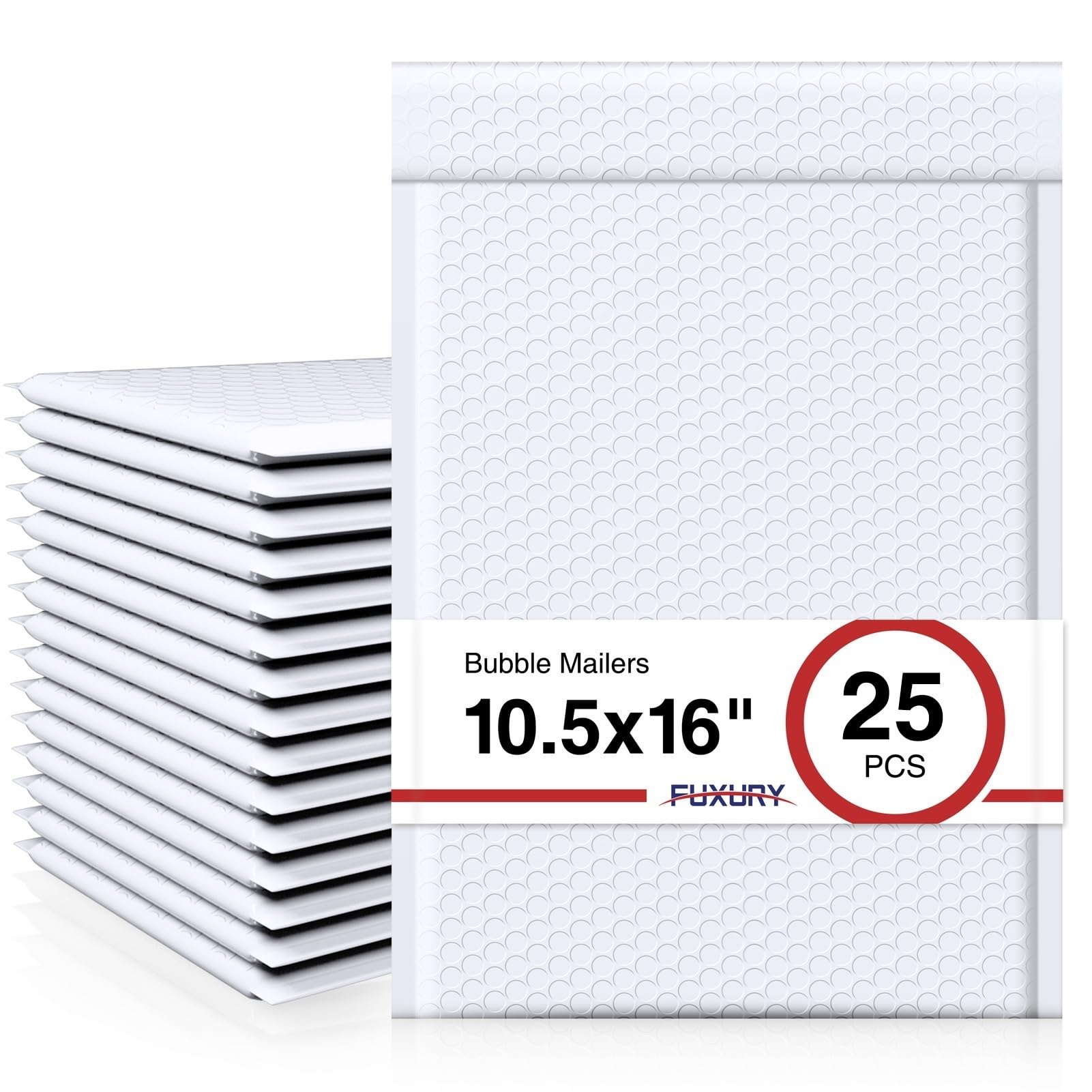 Fuxury front view of 25-pack white bubble mailers showing sealed stack and branding for reliable shipping