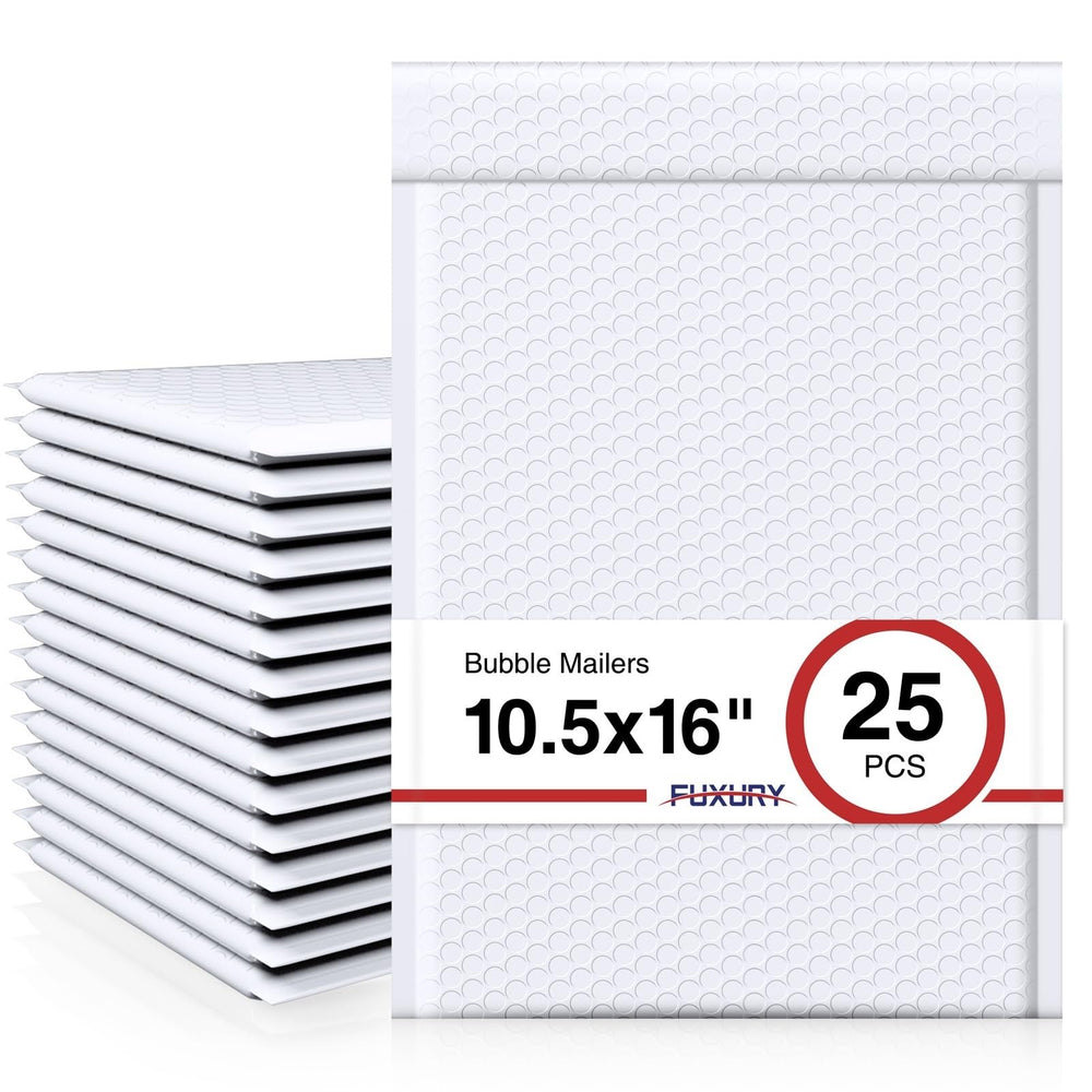 Fuxury front view of 25-pack white bubble mailers showing sealed stack and branding for reliable shipping
