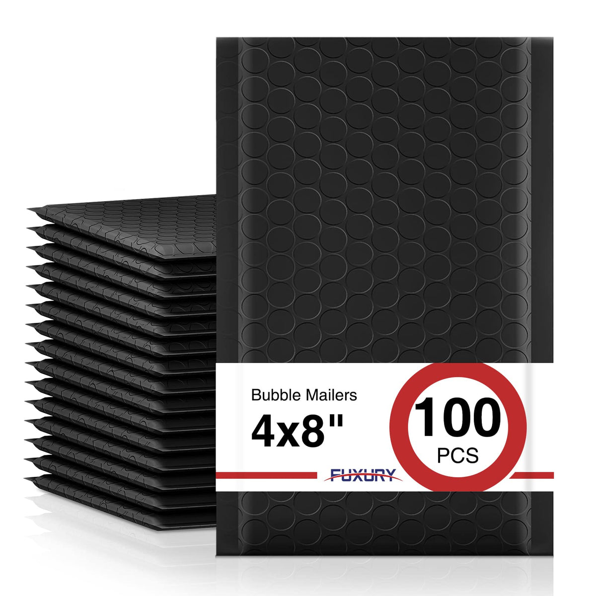 Fuxury front view of black 4x8 bubble mailer showing sleek packaging and professional look