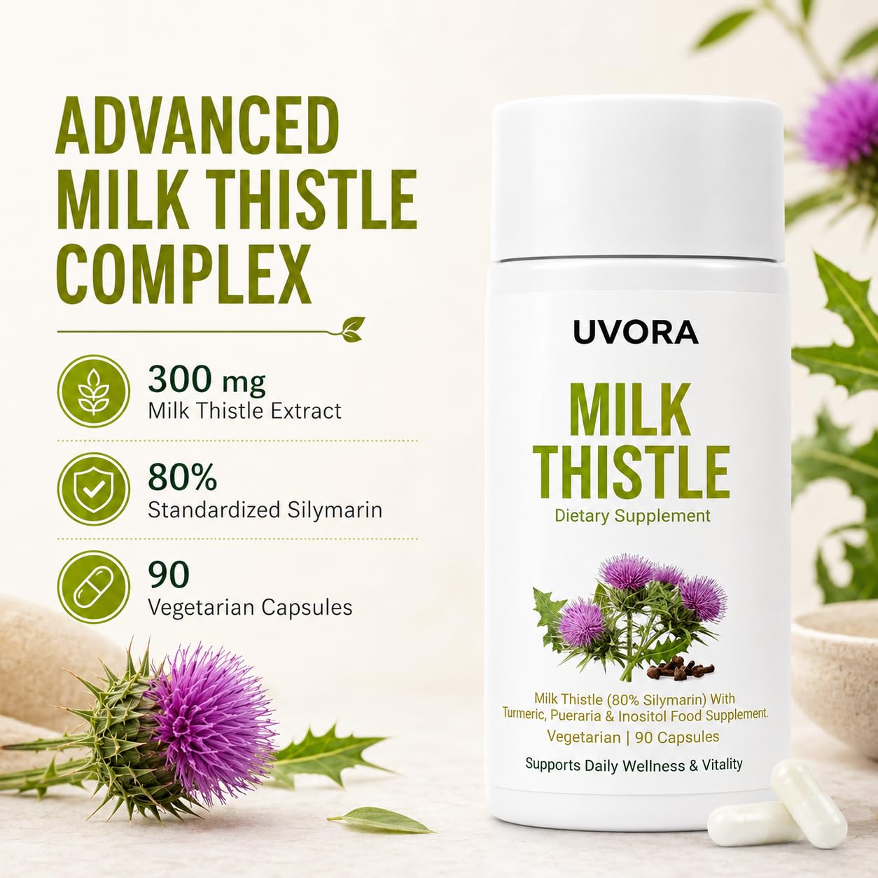 FYRKOA Uvora capsules pouring from bottle conveying easy daily use